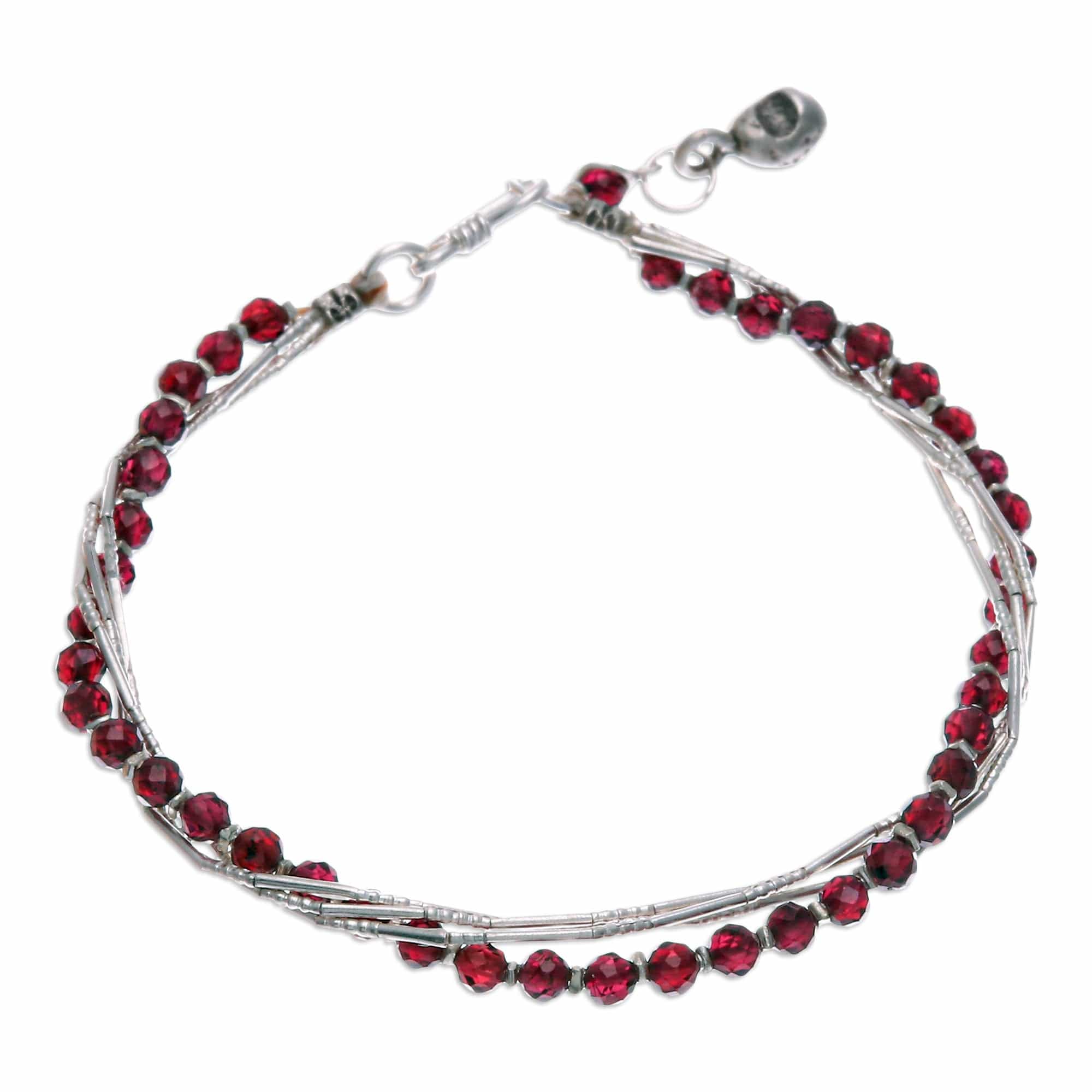 Red-Toned Natural Garnet and Silver Beaded Charm Bracelet - My Lovely Day