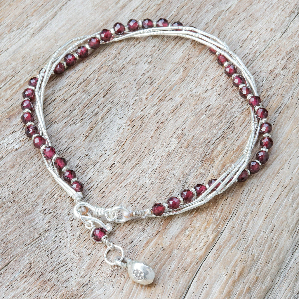 Red-Toned Natural Garnet and Silver Beaded Charm Bracelet - My Lovely Day