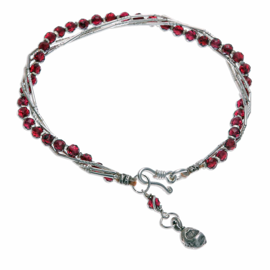 Red-Toned Natural Garnet and Silver Beaded Charm Bracelet - My Lovely Day