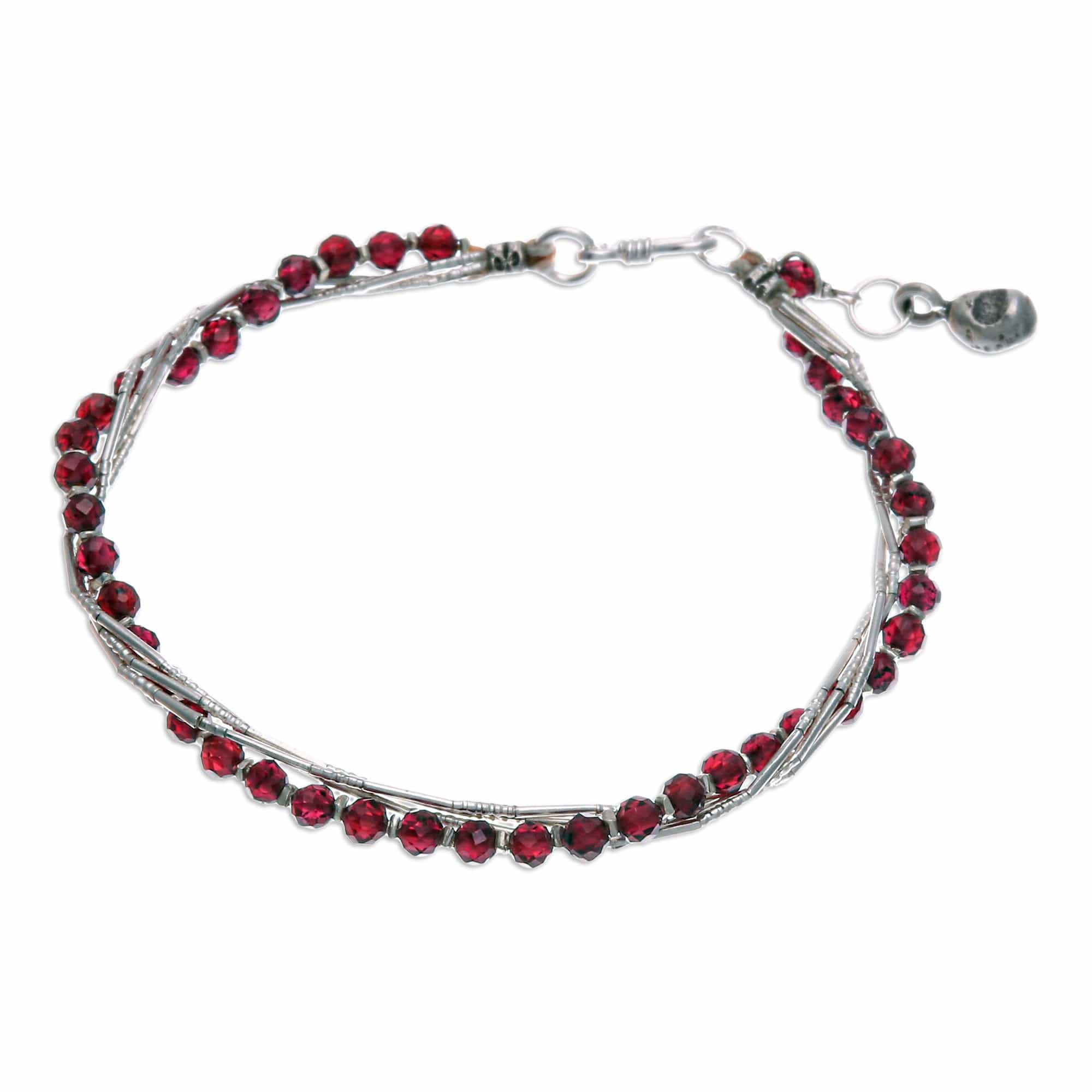 Red-Toned Natural Garnet and Silver Beaded Charm Bracelet - My Lovely Day