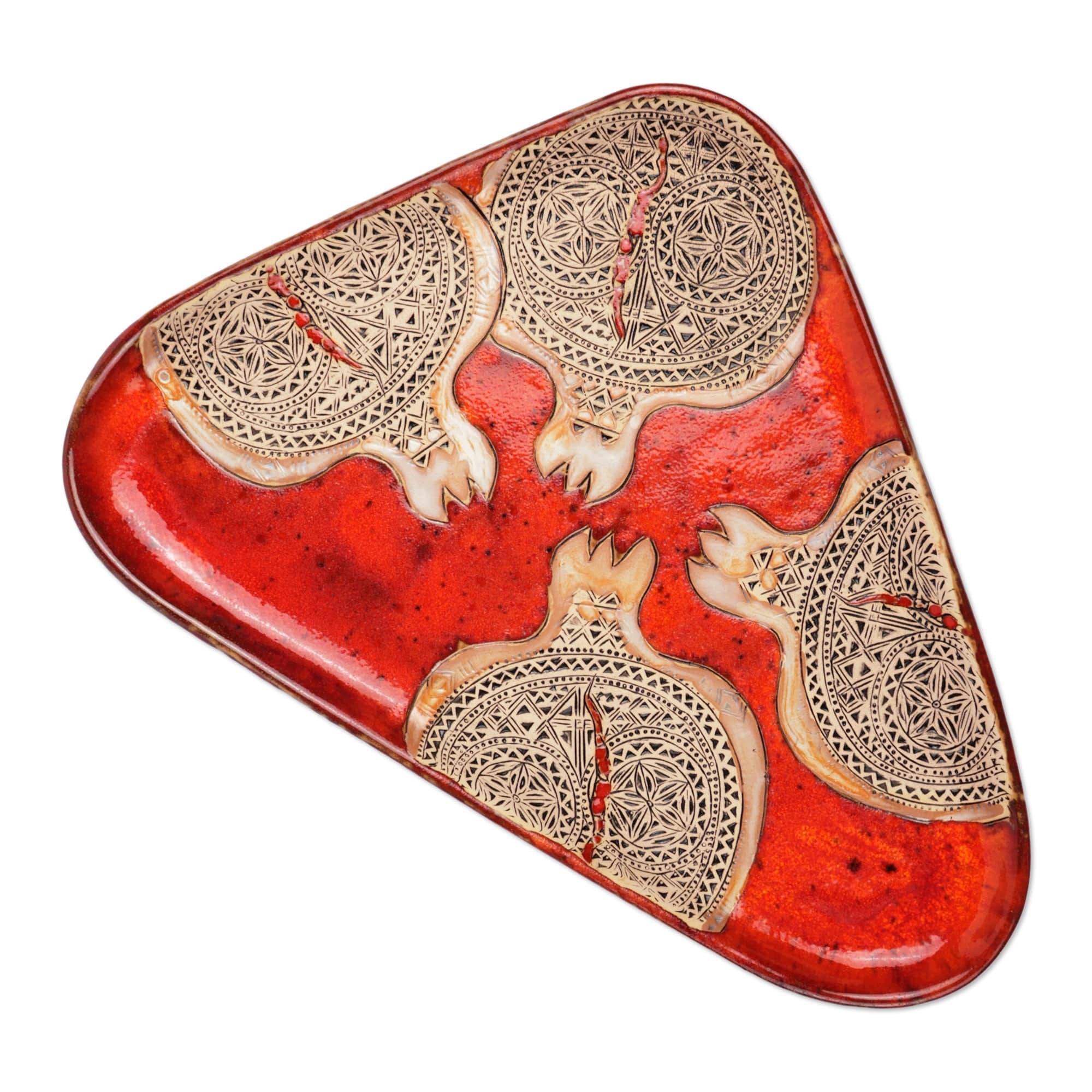 Triangular Red-Orange Ceramic Platter with Traditional Theme - Abundance Realm