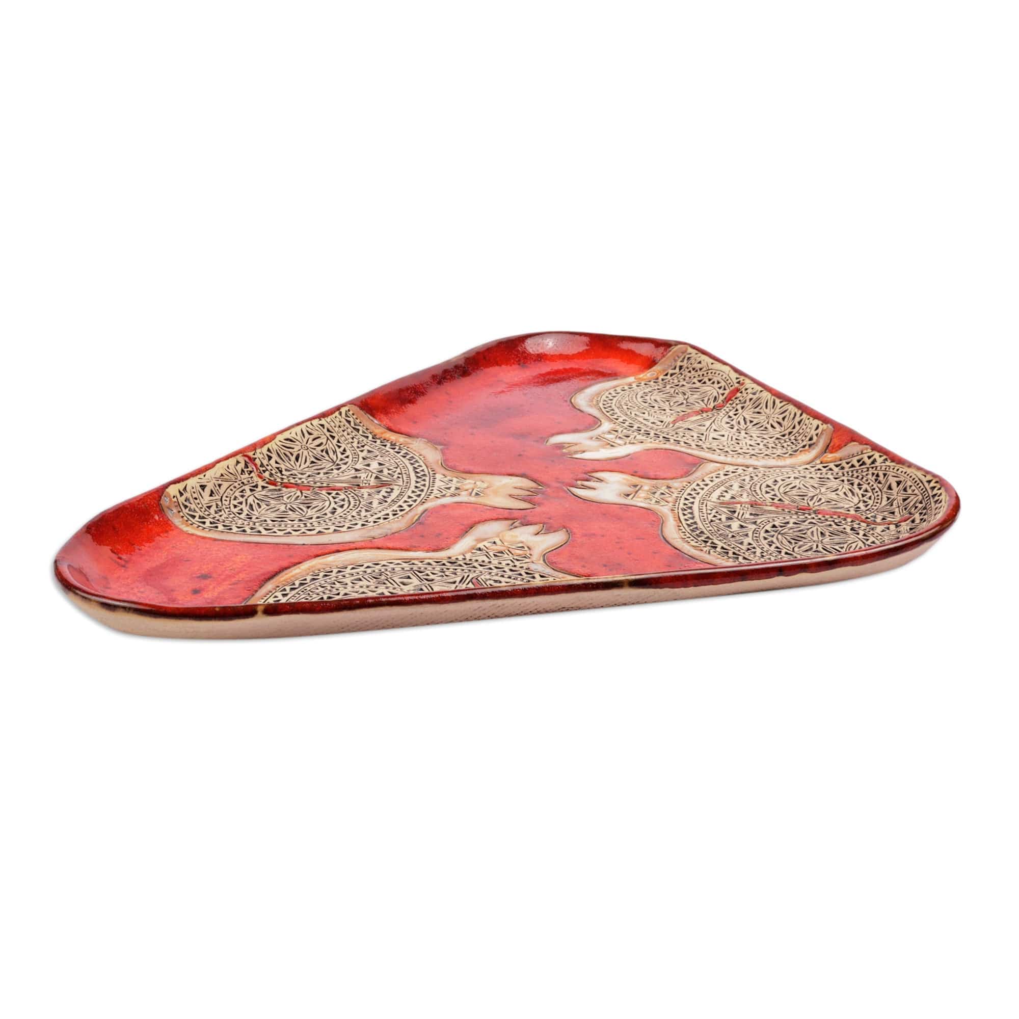 Triangular Red-Orange Ceramic Platter with Traditional Theme - Abundance Realm