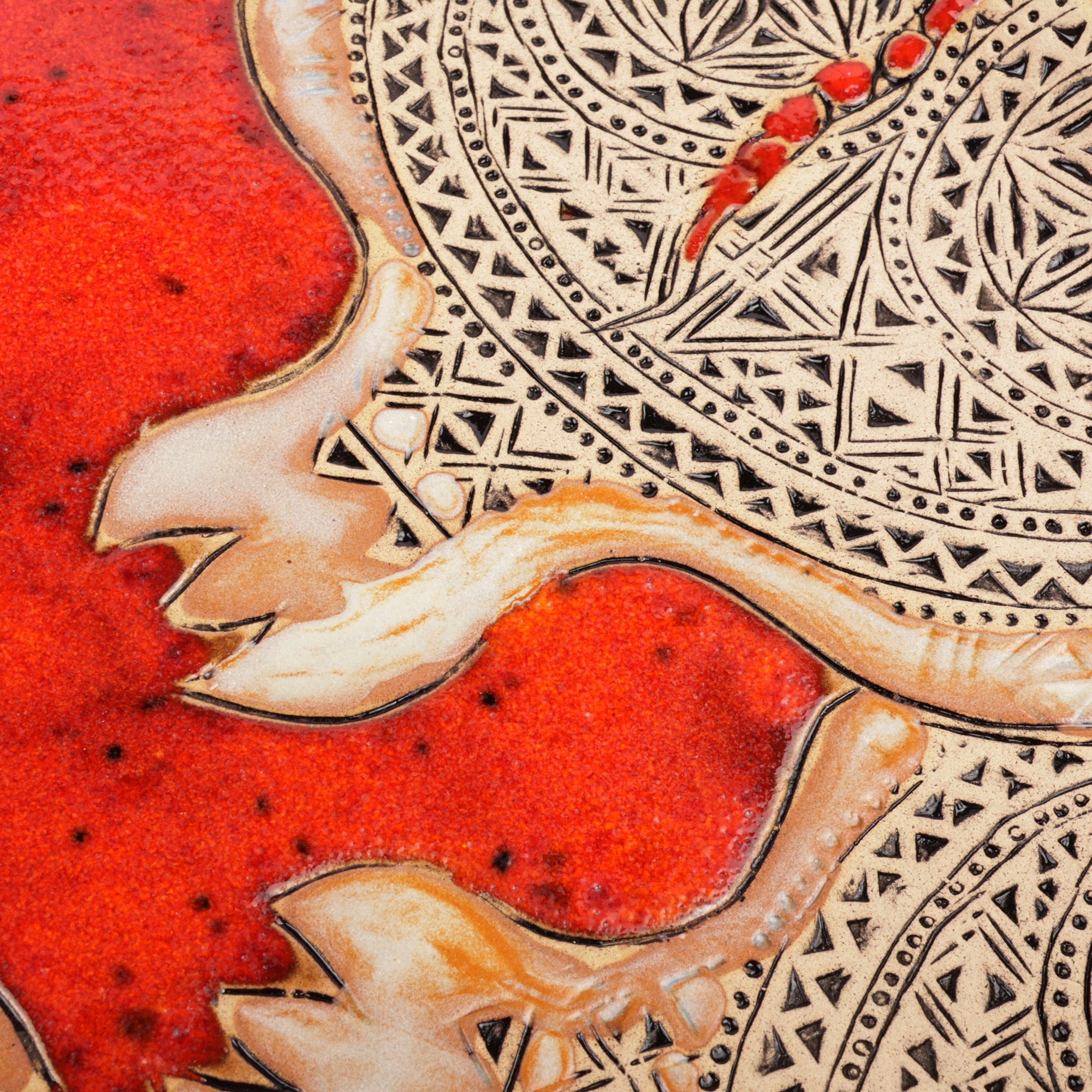 Triangular Red-Orange Ceramic Platter with Traditional Theme - Abundance Realm