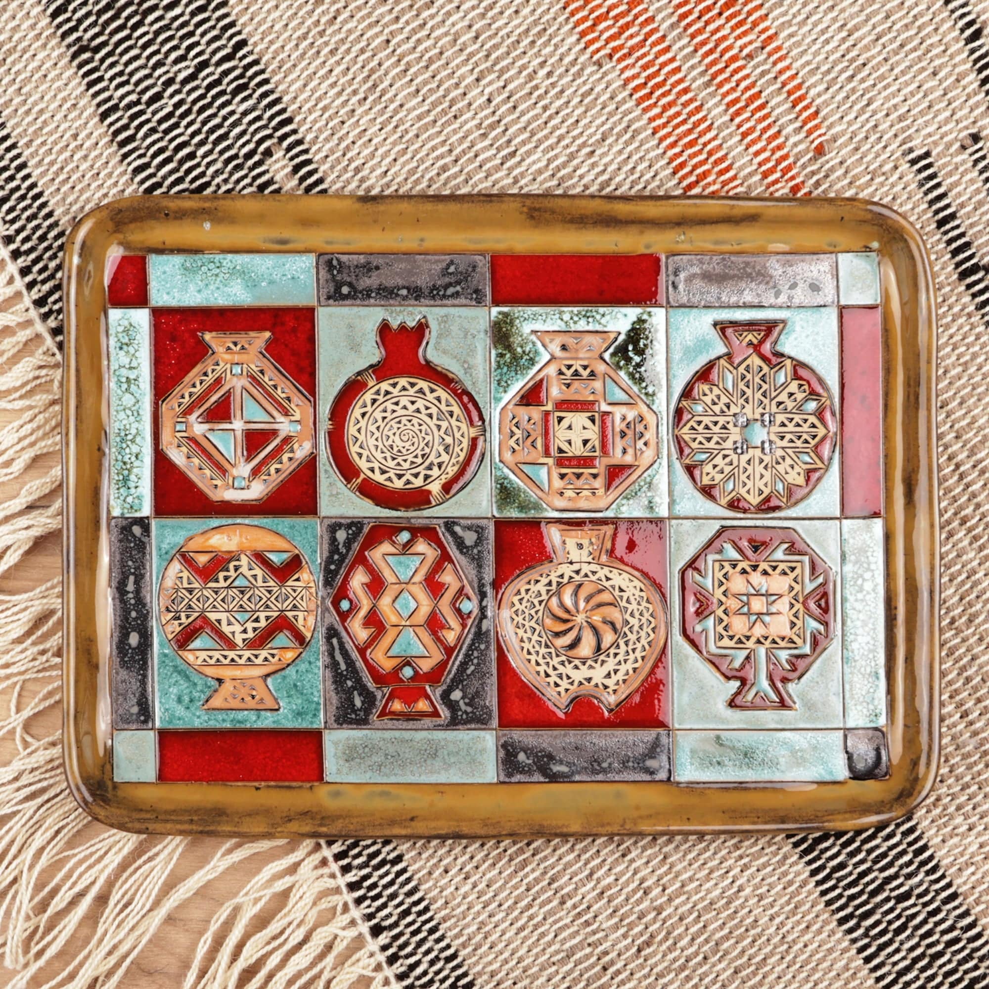 Pomegranate-Themed Geometric Glazed Ceramic Platter - Geometrical Omens