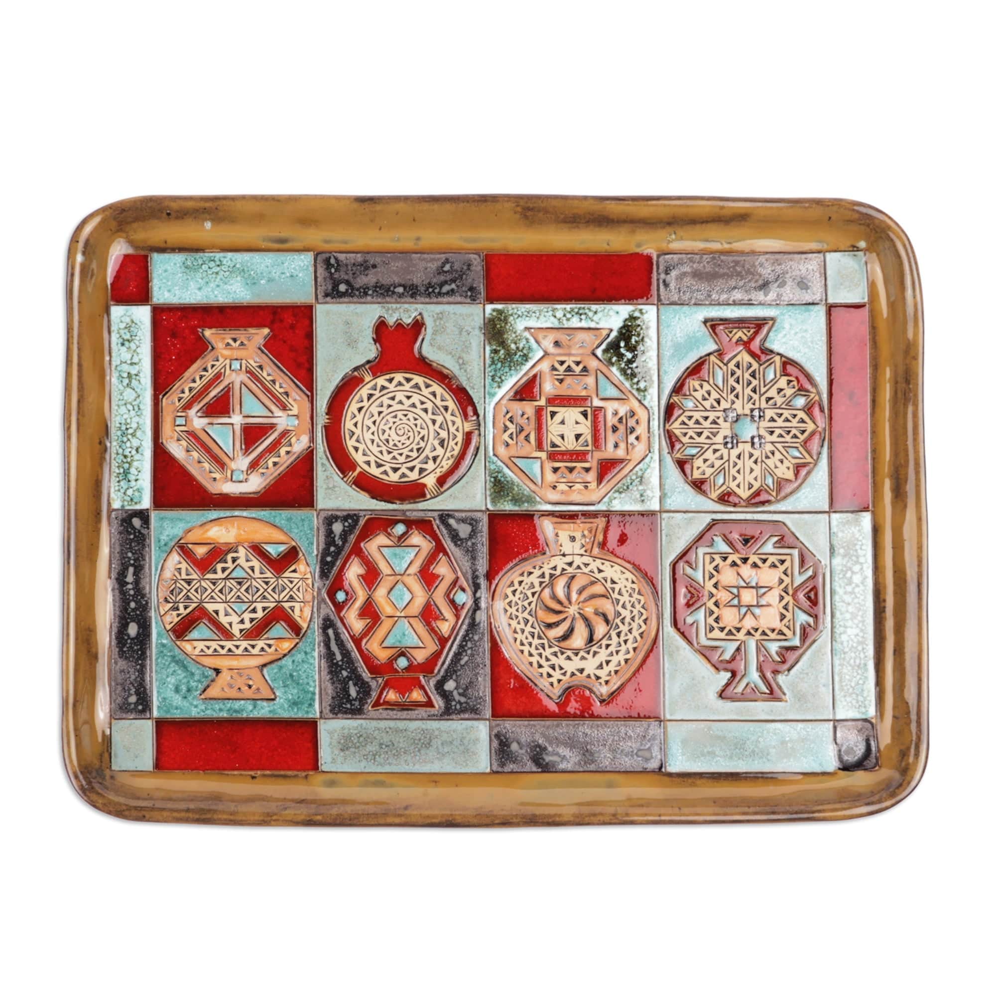 Pomegranate-Themed Geometric Glazed Ceramic Platter - Geometrical Omens