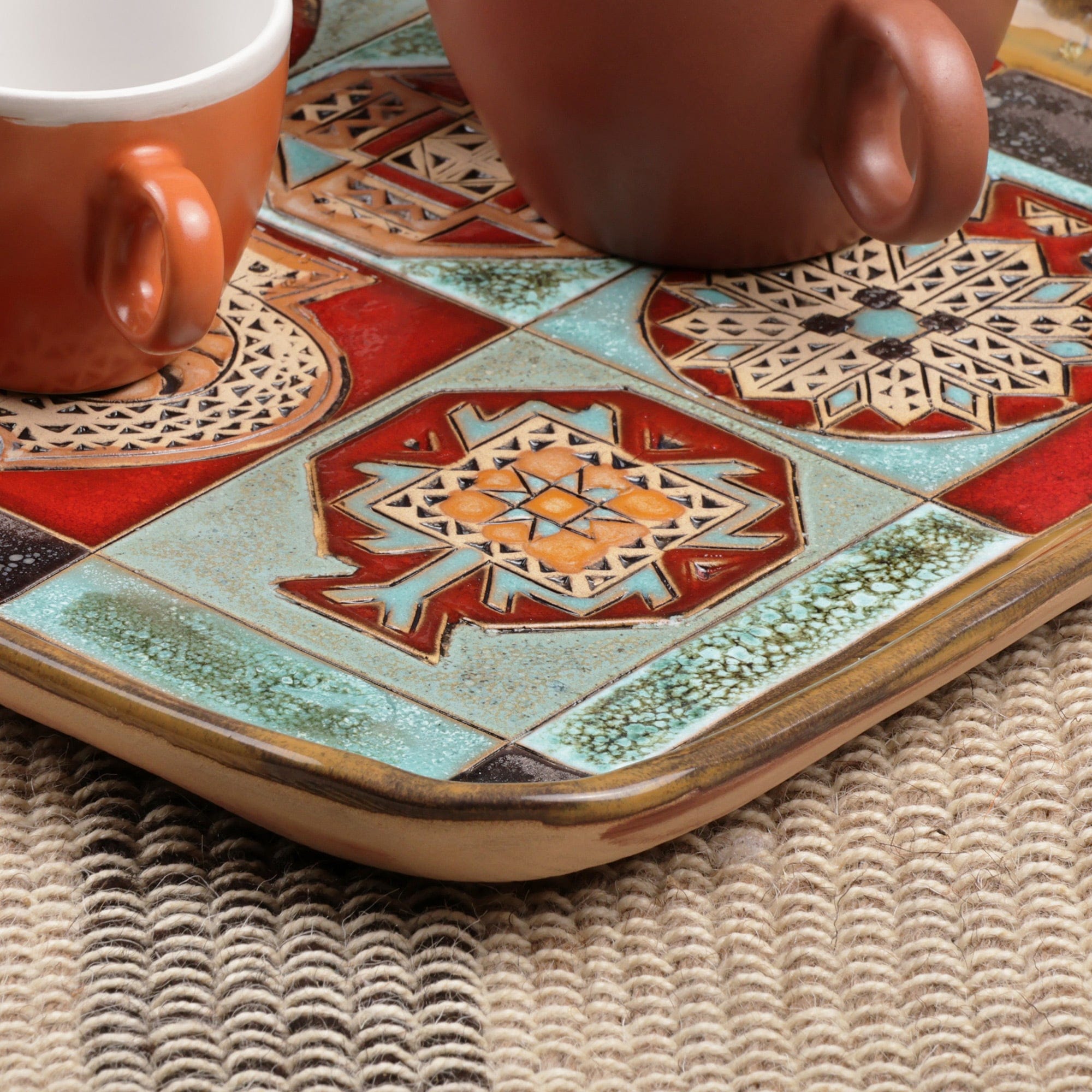 Pomegranate-Themed Geometric Glazed Ceramic Platter - Geometrical Omens