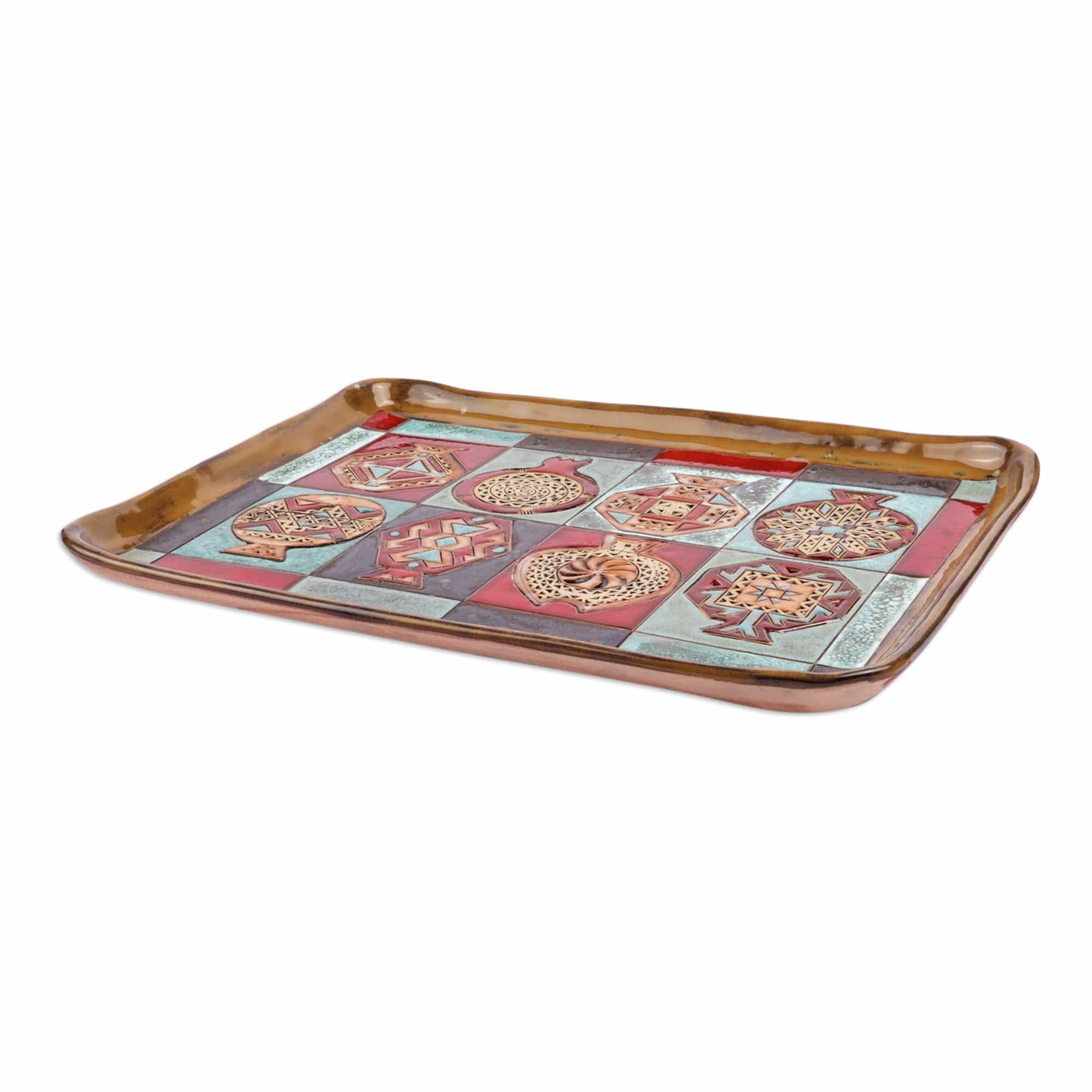 Pomegranate-Themed Geometric Glazed Ceramic Platter - Geometrical Omens