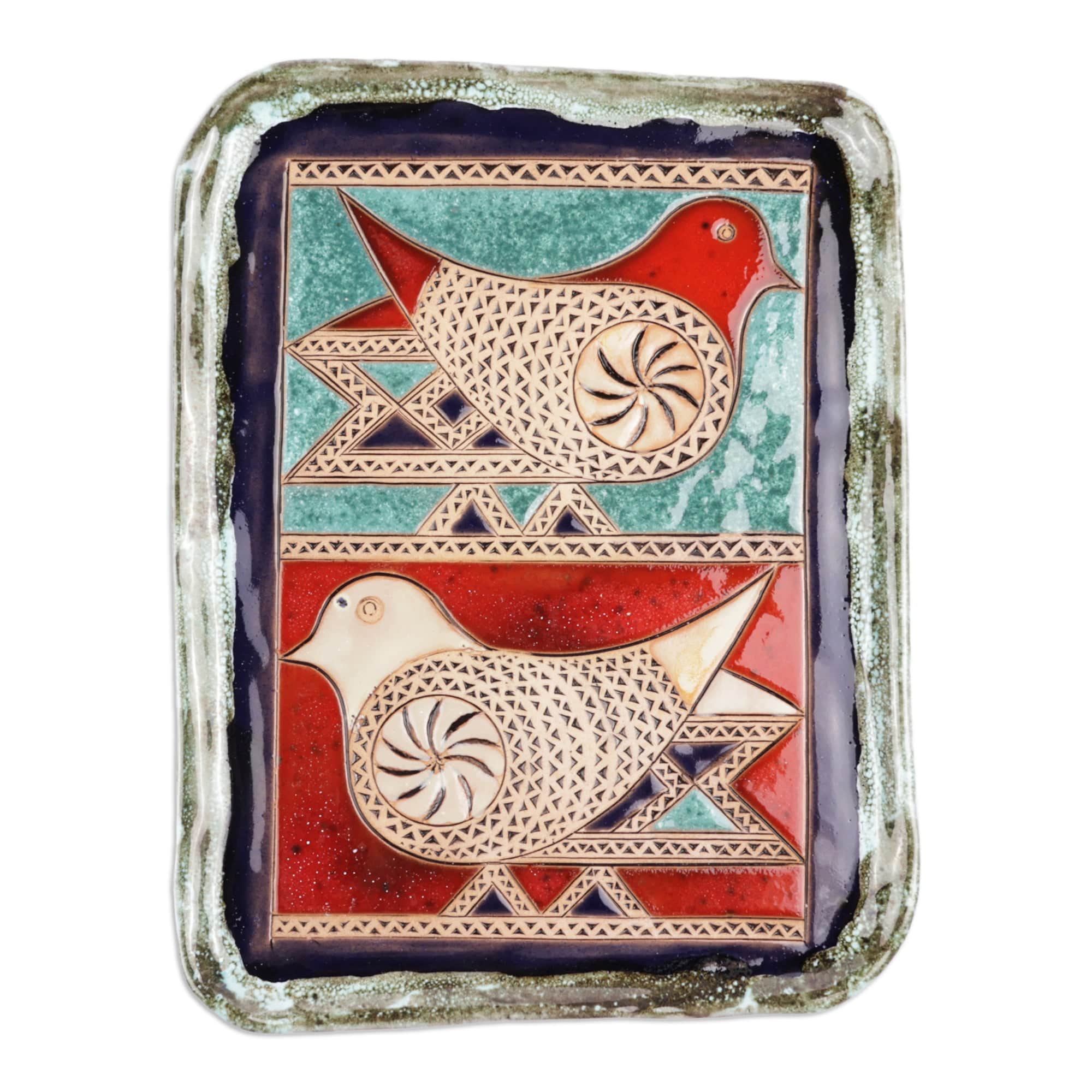 Bird-Themed Glazed Red and Turquoise Ceramic Platter - Poetry Birds