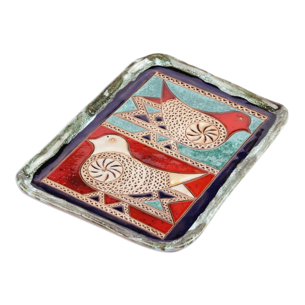 Bird-Themed Glazed Red and Turquoise Ceramic Platter - Poetry Birds