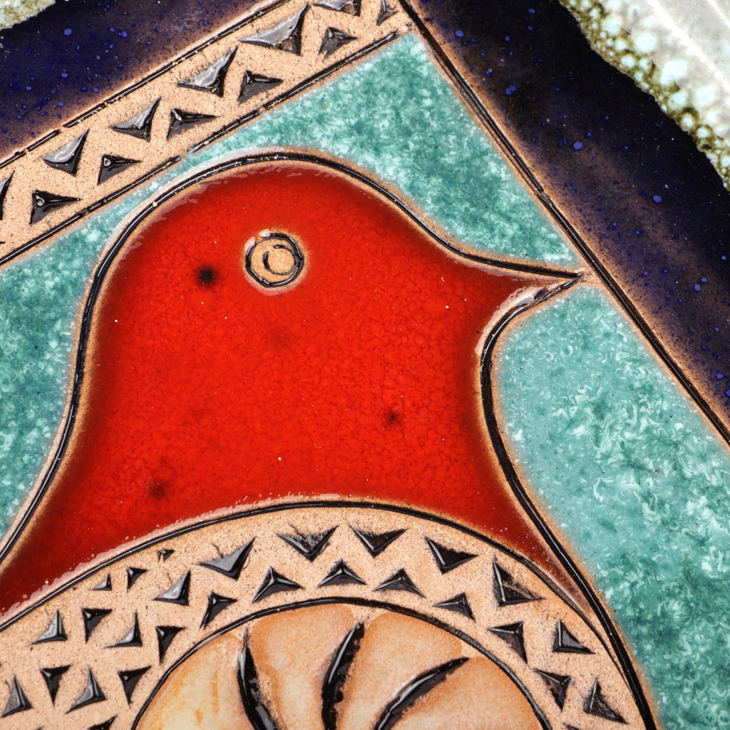 Bird-Themed Glazed Red and Turquoise Ceramic Platter - Poetry Birds