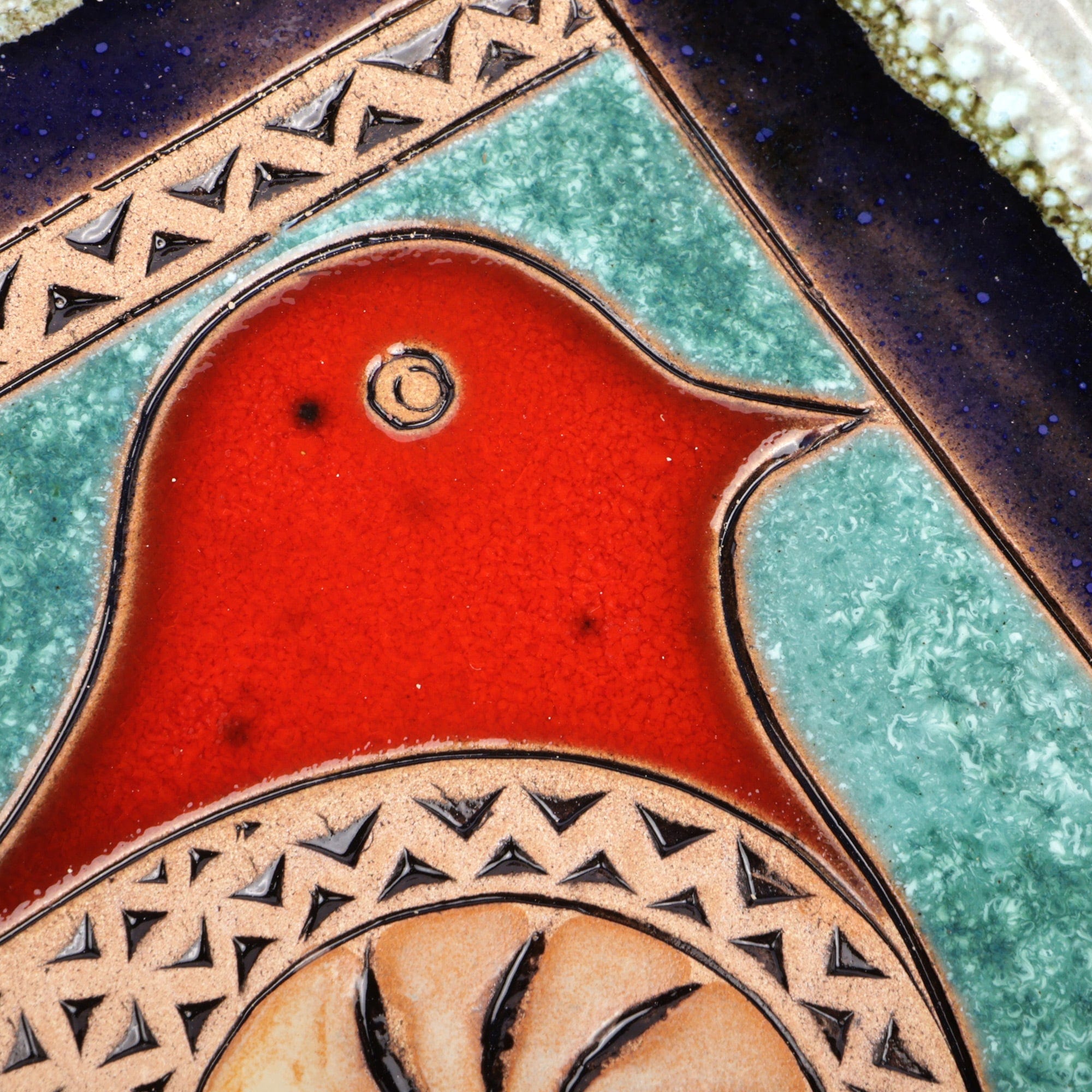 Bird-Themed Glazed Red and Turquoise Ceramic Platter - Poetry Birds