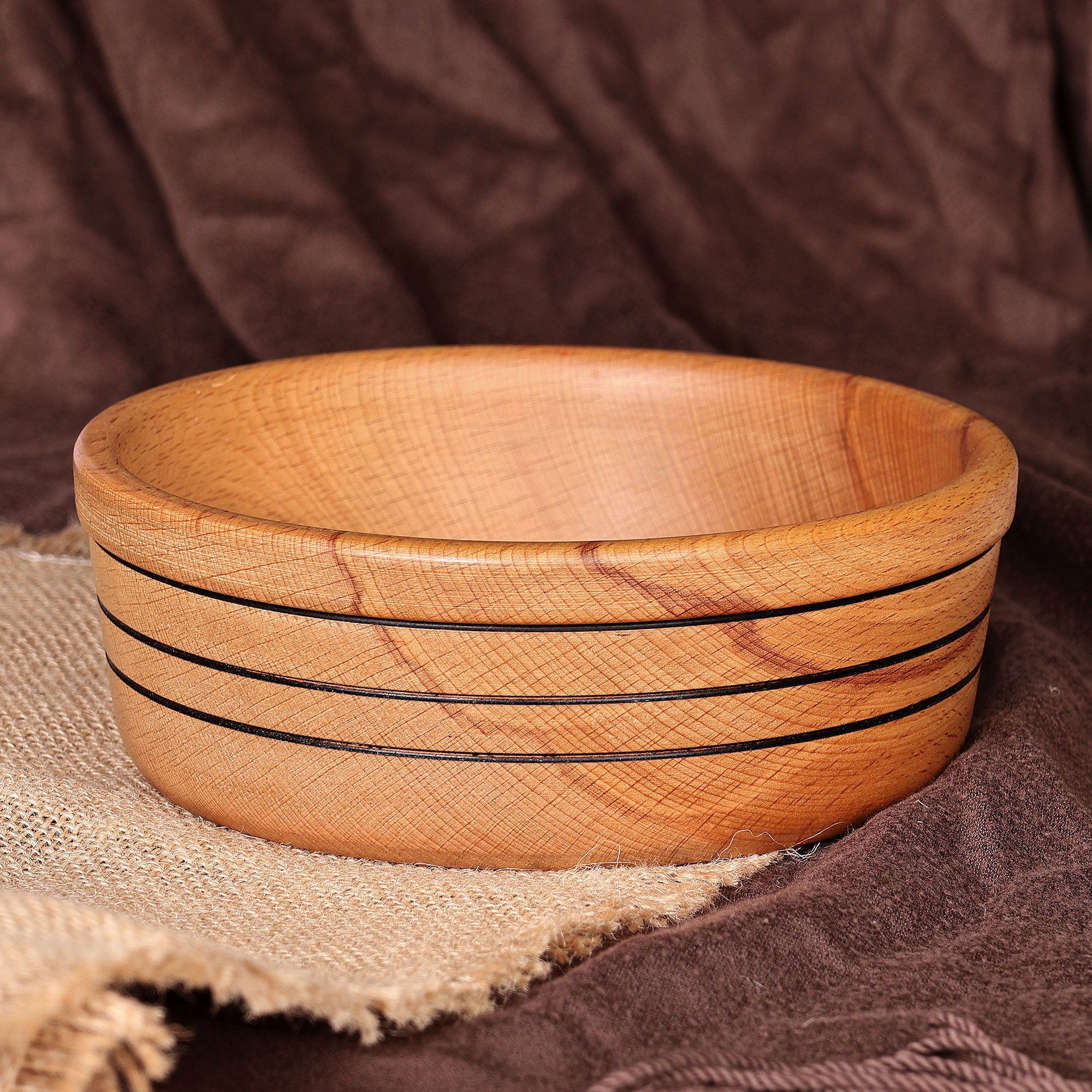 Hand-Carved Striped Beechwood Serving Bowl in Brown - Striped Delight