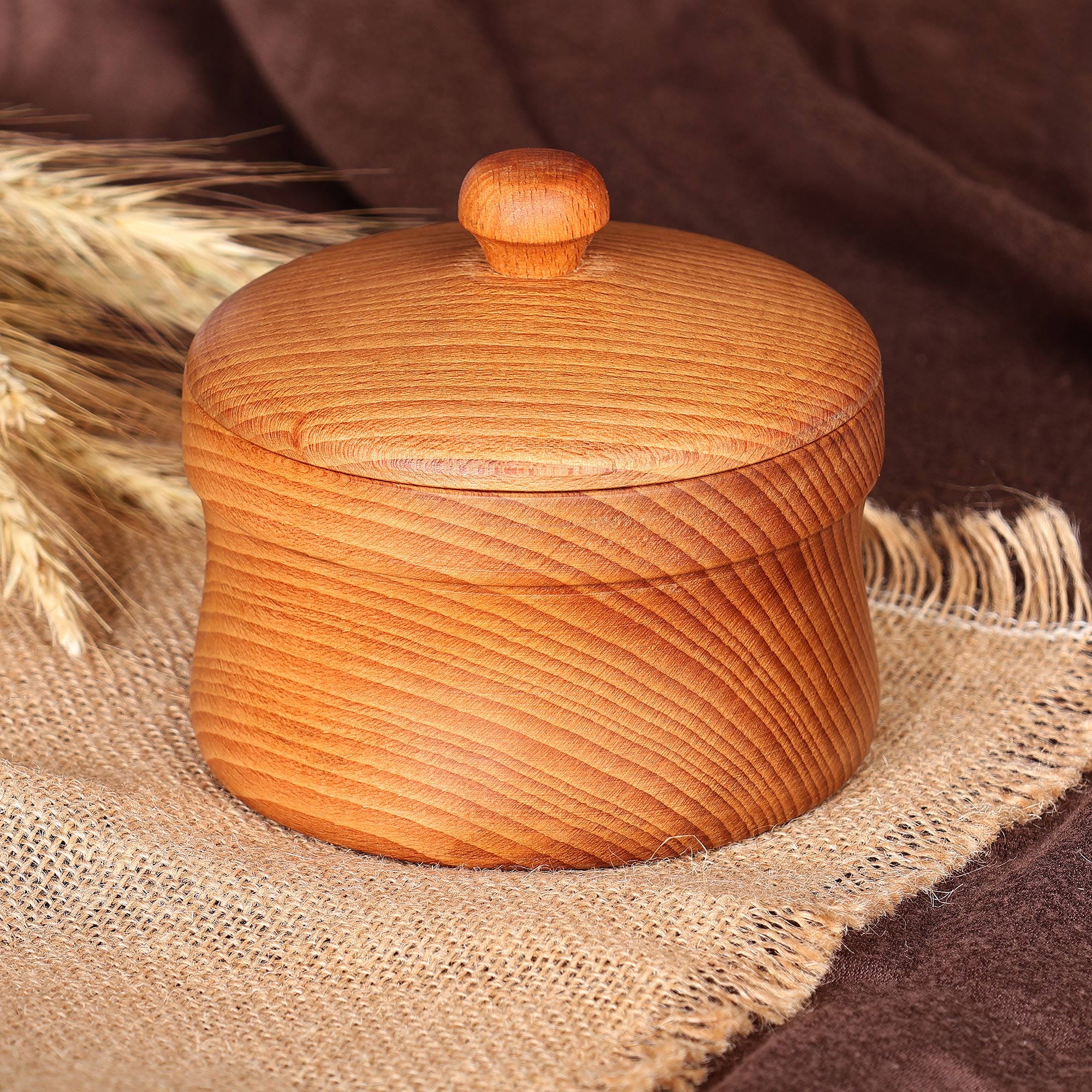 Hand-Carved Natural Brown Beechwood Sugar Bowl - Sweet Delight