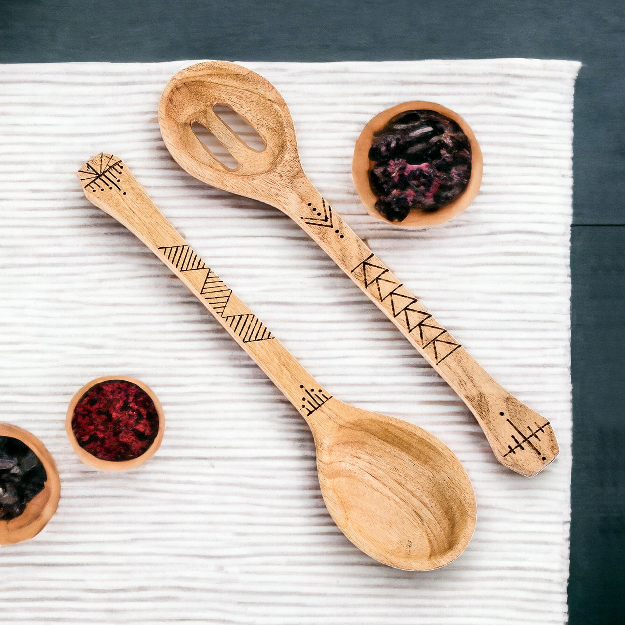 2 Reclaimed Wood Serving Spoons with Pyrography Designs - Culinary Seasoning