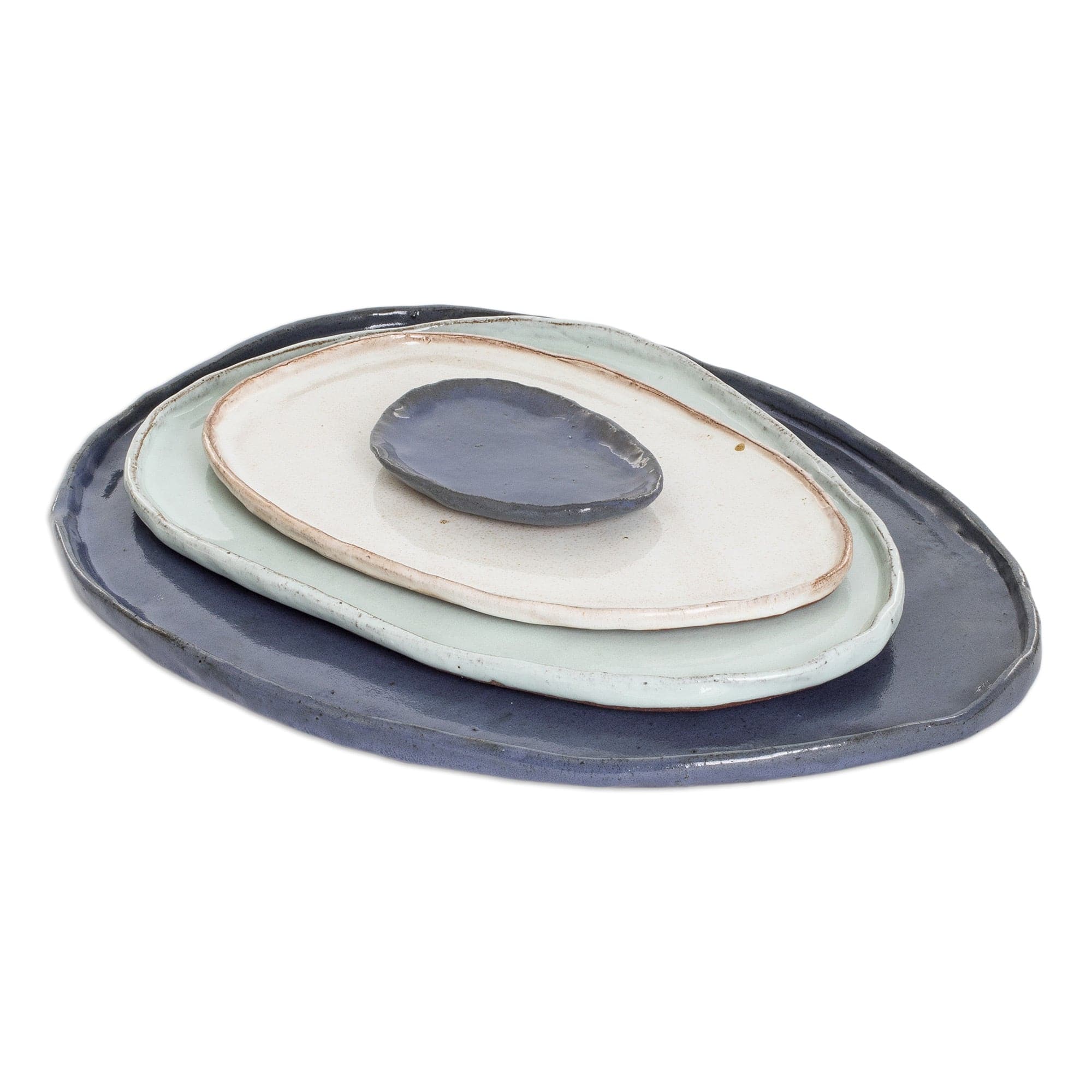 Set of 4 Handcrafted Blue and Ivory Ceramic Serving Plates - Versatility and Style