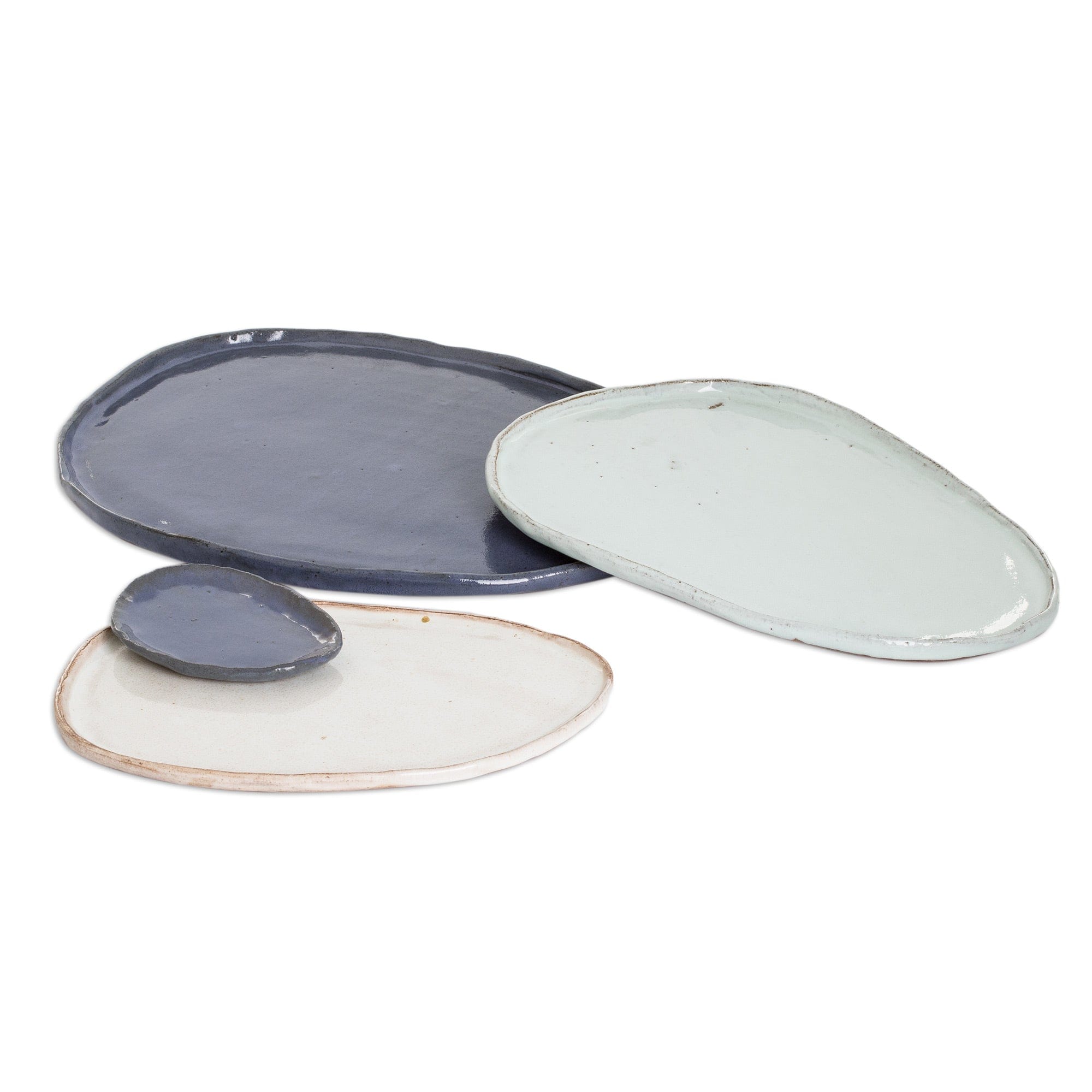 Set of 4 Handcrafted Blue and Ivory Ceramic Serving Plates - Versatility and Style
