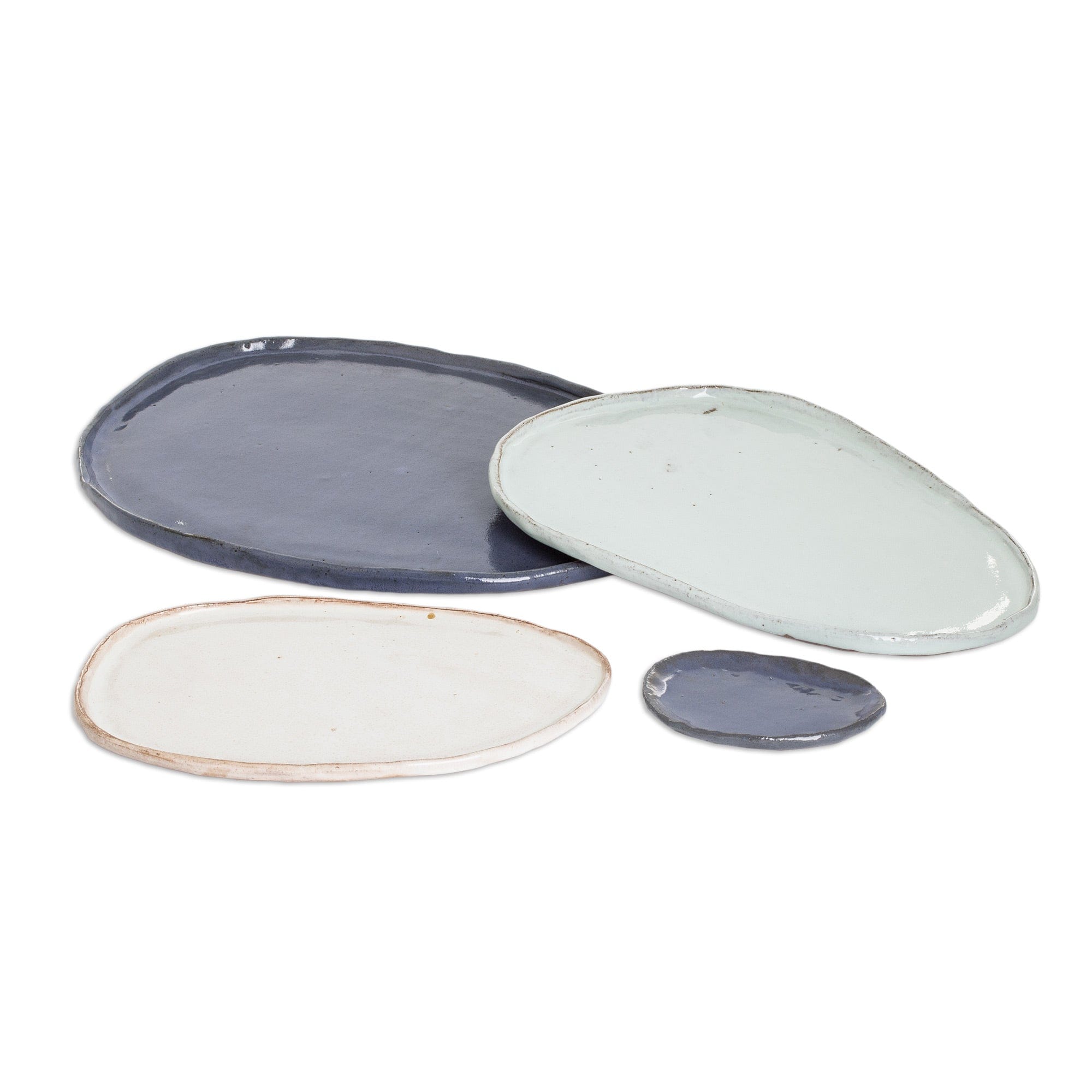 Set of 4 Handcrafted Blue and Ivory Ceramic Serving Plates - Versatility and Style