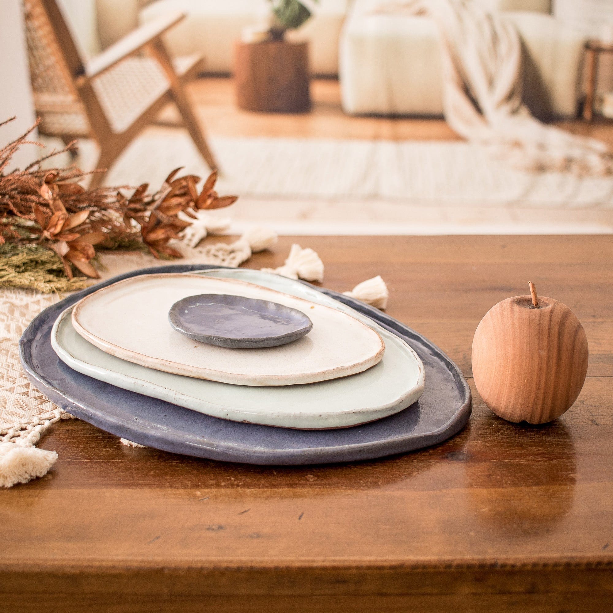 Set of 4 Handcrafted Blue and Ivory Ceramic Serving Plates - Versatility and Style
